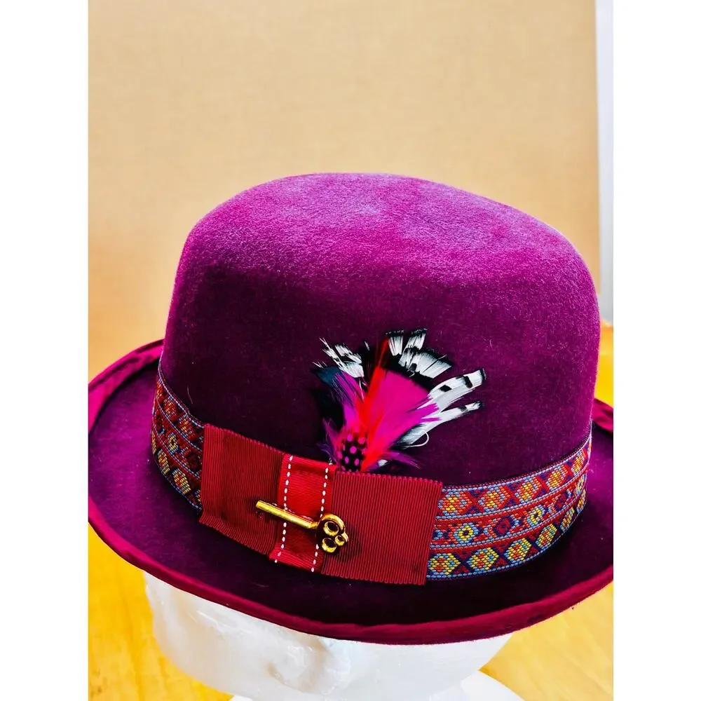 Handmade Burgundy Felt Fedora Hat Feather Key Accent Men’s Large